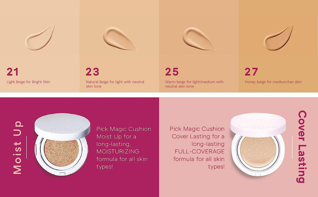 MISSHA Magic Cushion Foundation No.21 Light Beige, Dewy Coverage