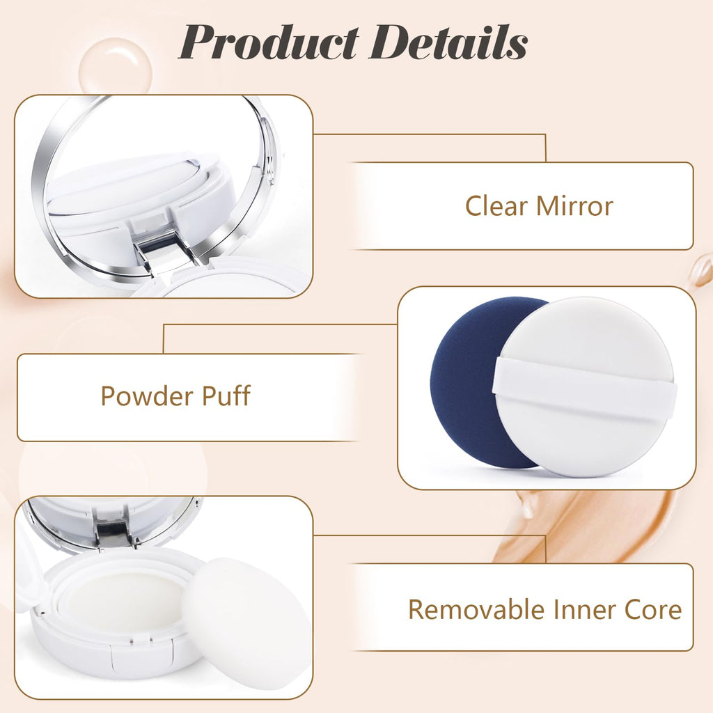 4 Pcs 15g/0.5oz Empty Air Cushion Puff Box Portable Make Up Powder Container Case with Sponge Puff & Mirror for Liquid Foundation BB Cream - White Silver
