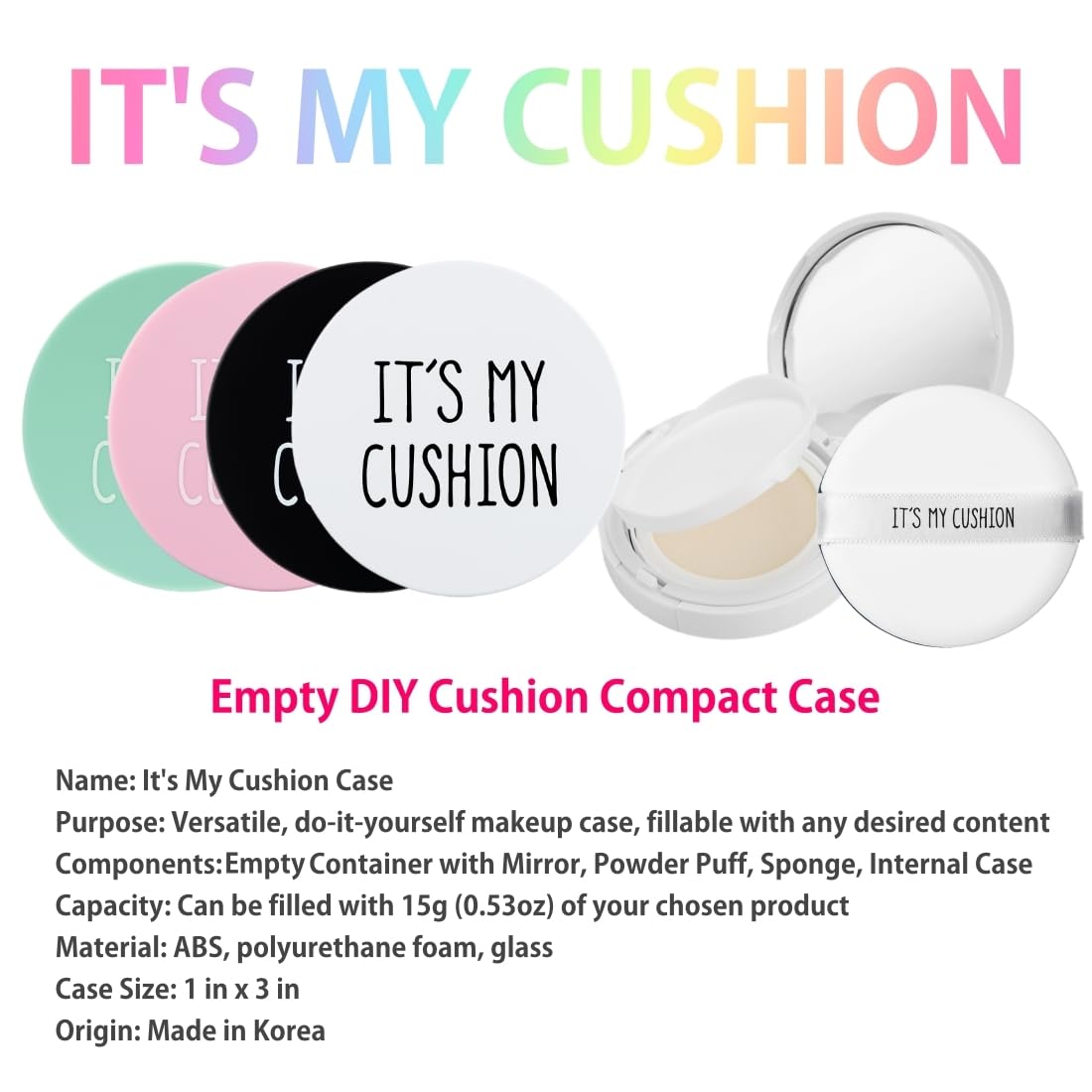 IT'S MY CUSHION Empty Cushion Foundation Compact Case DIY Makeup Portable Refillable Cosmetic Container with Air Puff and Sponge Internal case Mirror BB CC Sun Cream Make Your Own Cosmetic