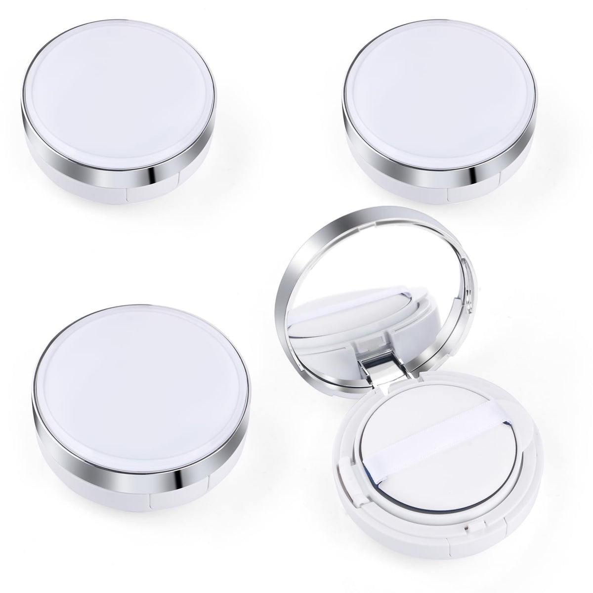 4 Pcs 15g/0.5oz Empty Air Cushion Puff Box Portable Make Up Powder Container Case with Sponge Puff & Mirror for Liquid Foundation BB Cream - White Silver