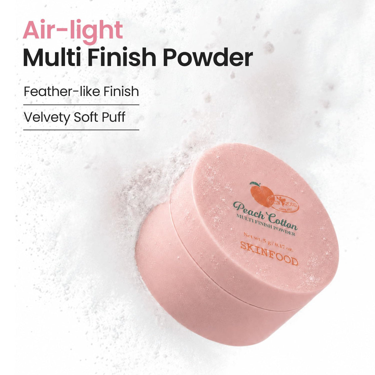 SKINFOOD Peach Cotton Multi Finish Powder 5g - Korean Peach Extract & Calamin Sebum Control Face Powder - Silky Setting Powder - Setting Powder for Oily Skin - Sweet Peach Scent for Soft Skin