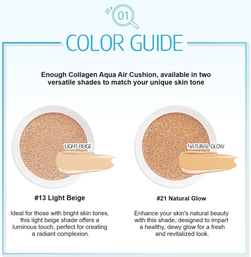 Enough Collagen Aqua Air Cushion, Hydrating Foundation with SPF50, Dewy Finish and Collagen Boost, Korean Beauty Essential for Radiant Skin, 0.53 oz (#13 - Light Beige)