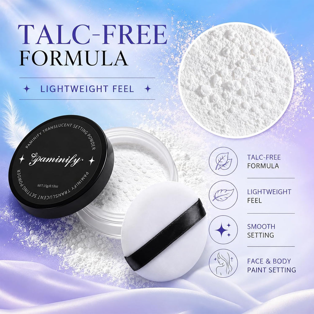 Translucent Setting Powder with Sifter, Talc-Free Loose Powder Makeup for Face, Long Lasting Matte Finish, Oil Control White Face Powder for Halloween SFX Makeup, Face and Body Paint Setting