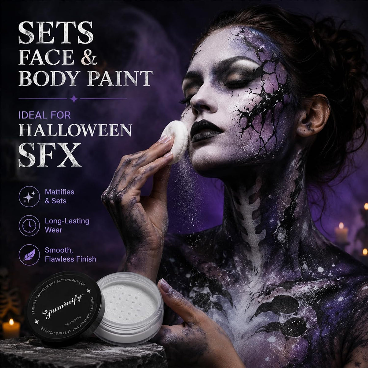 Translucent Setting Powder with Sifter, Talc-Free Loose Powder Makeup for Face, Long Lasting Matte Finish, Oil Control White Face Powder for Halloween SFX Makeup, Face and Body Paint Setting