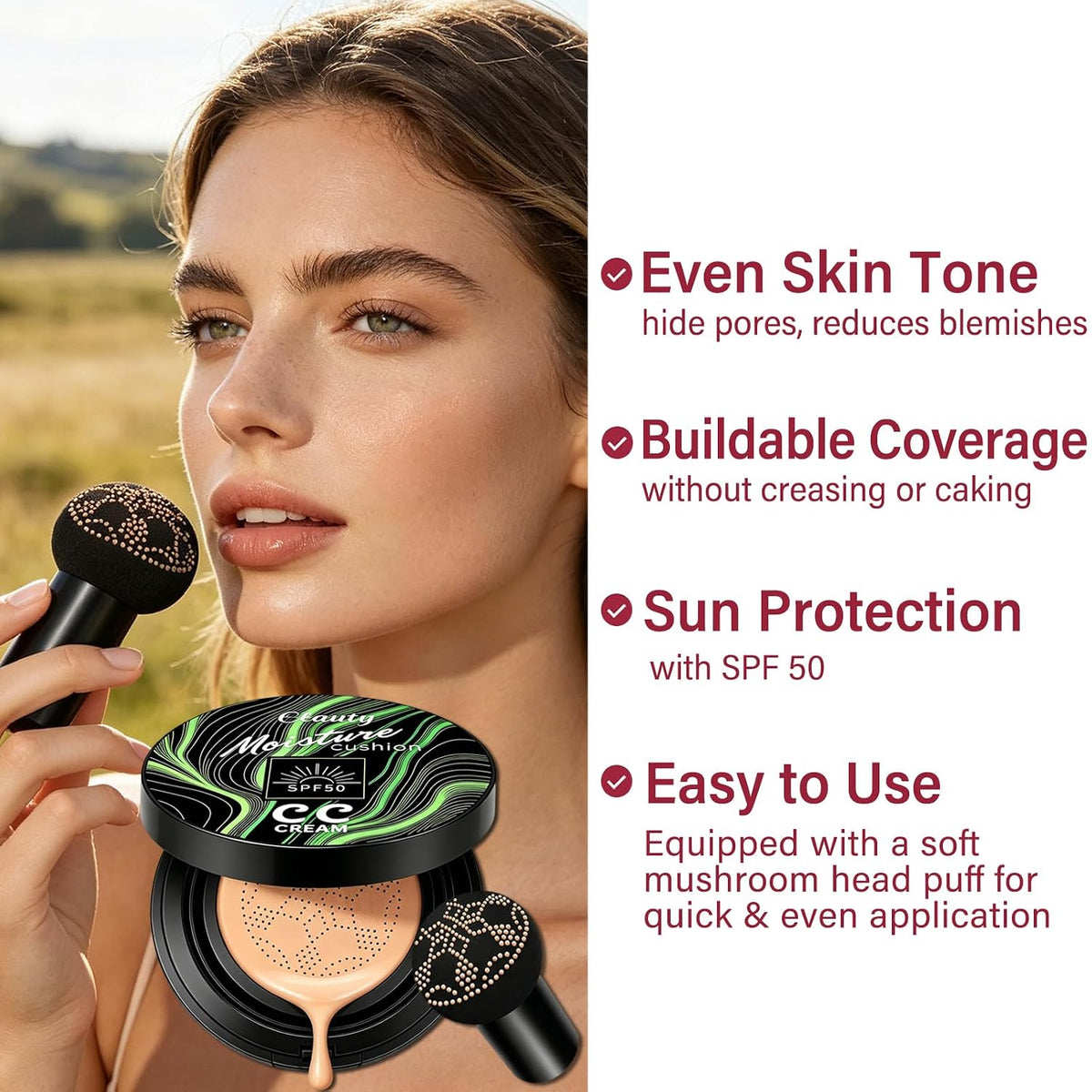 Cushion Foundation Air Cushion CC Cream - Natural Finish, Buildable Coverage Foundation, Even Skin Tone, Tattoo cover up, Moisturizing Concealer Cream Foundation Makeup (Natural)