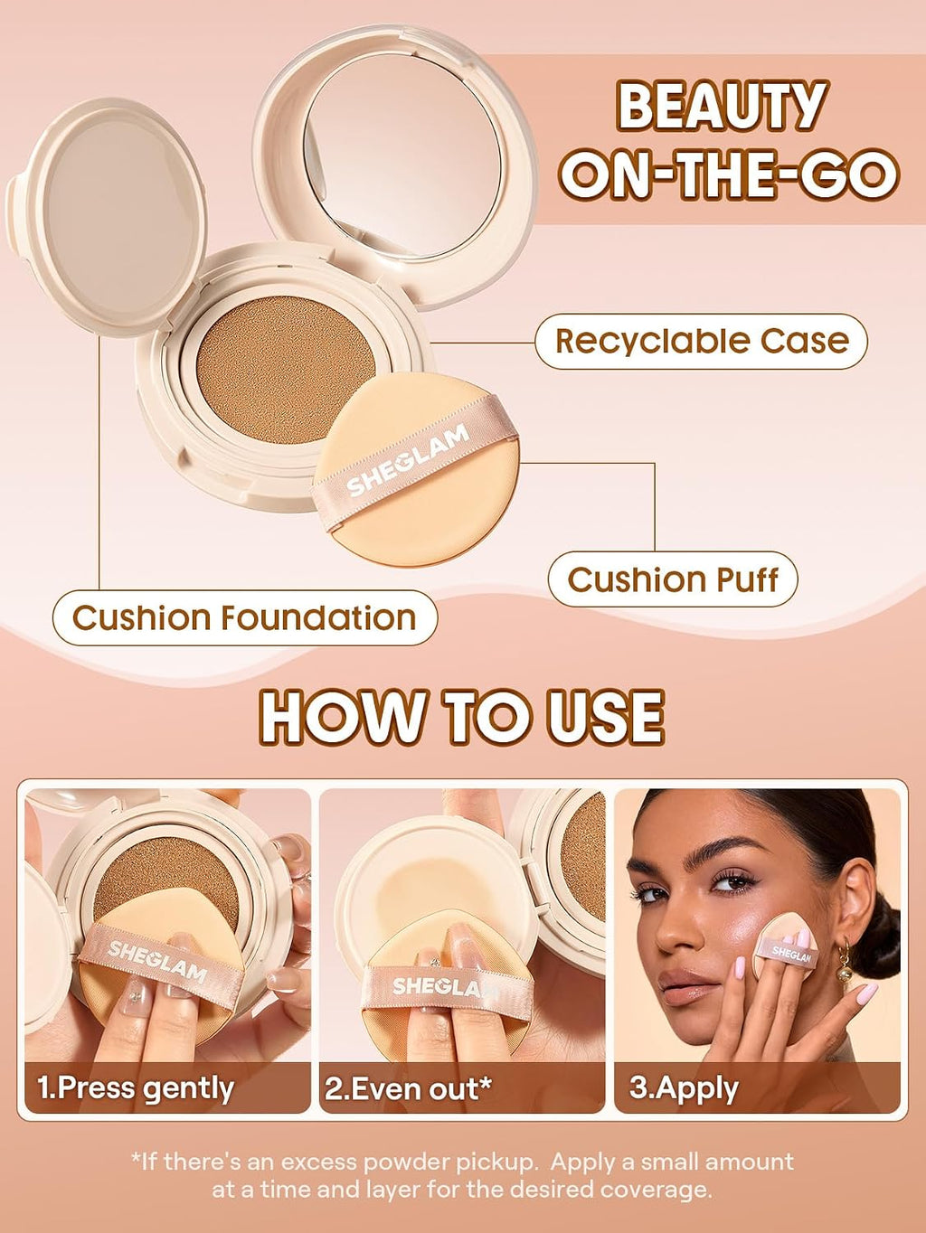 SHEGLAM Lock & Go Long-Lasting Cushion Foundation Soft Matte Weightless Waterproof for Flawless Base Makeup-Sand