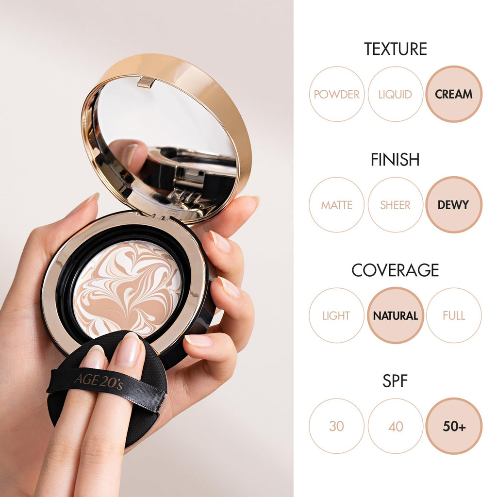 AGE20'S Signature Essence Pact SPF 50+ | Pack of 2 | 17N IVORY | Cream Foundation, Dewy Finish, Natural Coverage | Korean Cushion Foundation