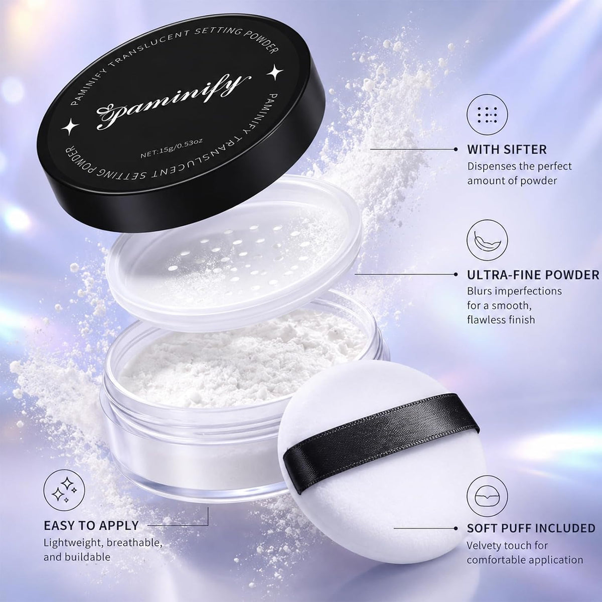 Translucent Setting Powder with Sifter, Talc-Free Loose Powder Makeup for Face, Long Lasting Matte Finish, Oil Control White Face Powder for Halloween SFX Makeup, Face and Body Paint Setting