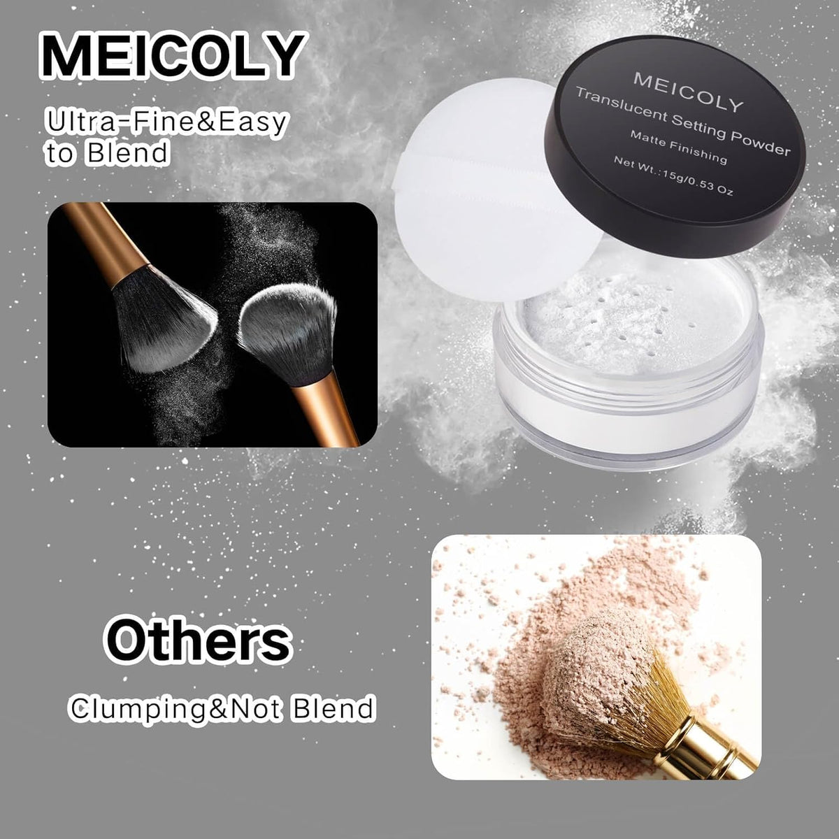 MEICOLY Translucent Loose Setting Powder,Talc-Free Soft Matte Oil Control Face Paint Sealer for Halloween SFX Makeup,Long-Lasting Everyday Makeup White Setting Powder