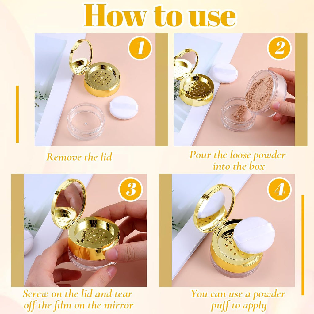 Loose Powder Containers with Puff, 6G Empty Makeup Powder Compact Case, Reusable Travel Powders Container, Plastic Cosmetic Jar with Mirror