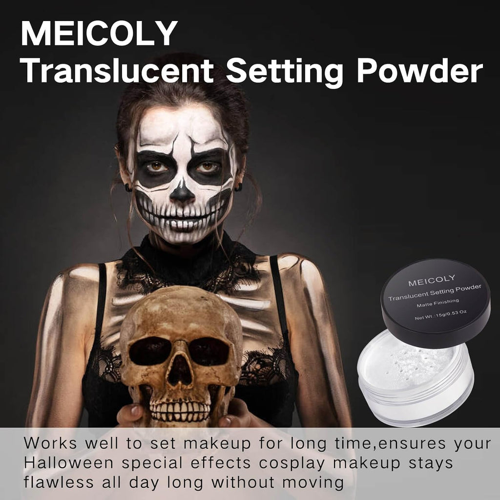 MEICOLY Translucent Loose Setting Powder,Talc-Free Soft Matte Oil Control Face Paint Sealer for Halloween SFX Makeup,Long-Lasting Everyday Makeup White Setting Powder