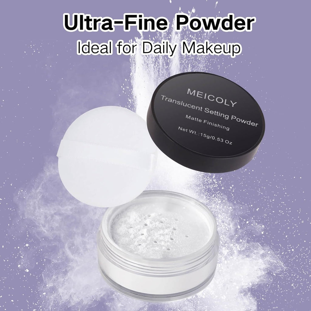 MEICOLY Translucent Loose Setting Powder,Talc-Free Soft Matte Oil Control Face Paint Sealer for Halloween SFX Makeup,Long-Lasting Everyday Makeup White Setting Powder