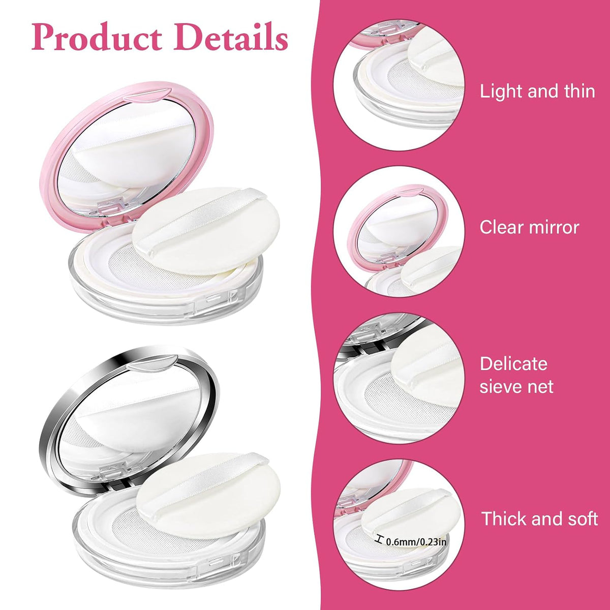 2 Pcs Loose Powder Container with Puff 0.17/0.7 oz Refillable Empty Compact Makeup Powder Travel Containers Case Portable Cushion Puff and Container with Mirror and Elasticated Net Sifter