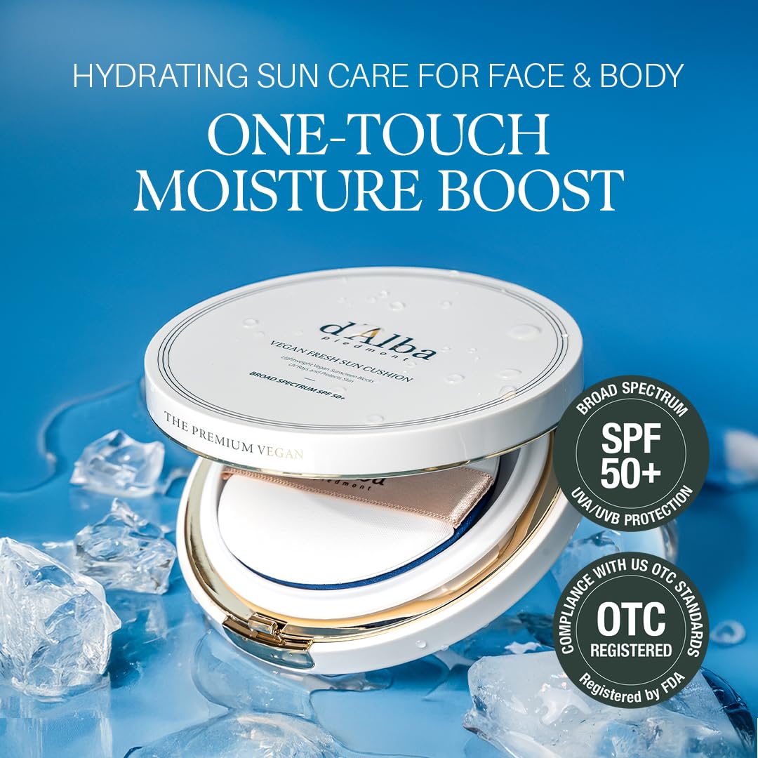d'alba Piedmont Vegan Fresh Sun Cushion, BROAD SPECTRUM SPF 50 + Korean Sunscreen for Face, Hydrating, Thin Layer, For All Skin Types (0.88 oz)
