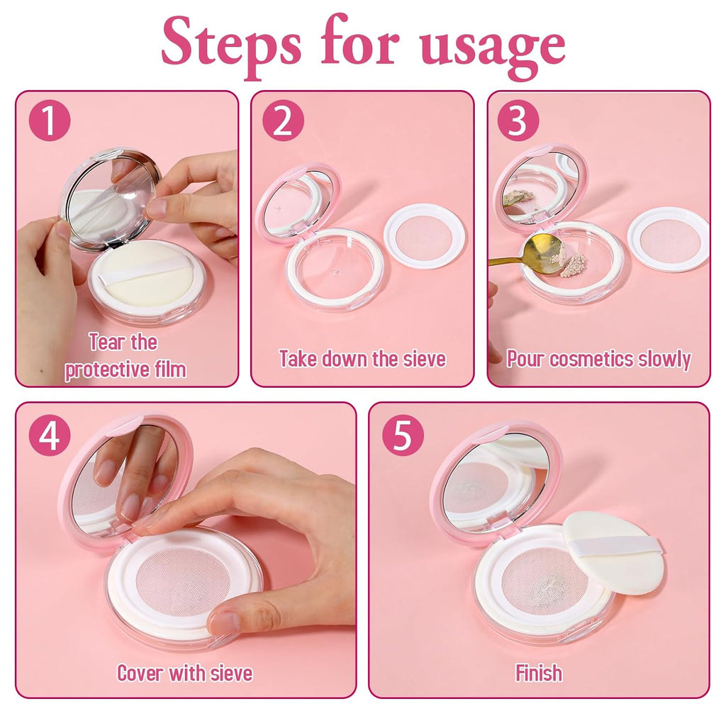 2 Pcs Loose Powder Container with Puff 0.17/0.7 oz Refillable Empty Compact Makeup Powder Travel Containers Case Portable Cushion Puff and Container with Mirror and Elasticated Net Sifter