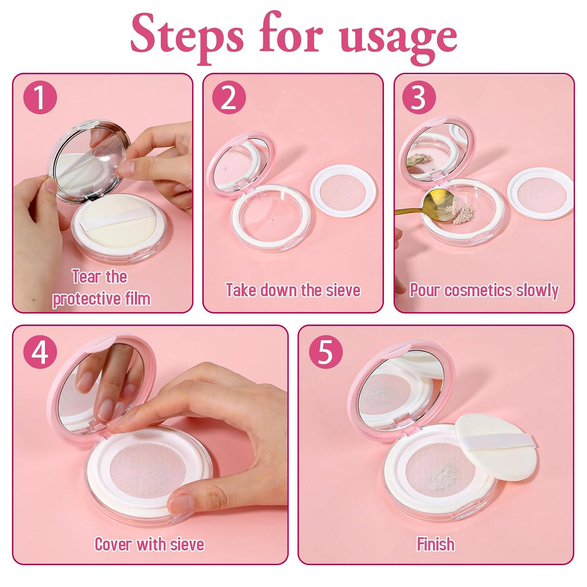 2 Pcs Loose Powder Container with Puff 0.17/0.7 oz Refillable Empty Compact Makeup Powder Travel Containers Case Portable Cushion Puff and Container with Mirror and Elasticated Net Sifter