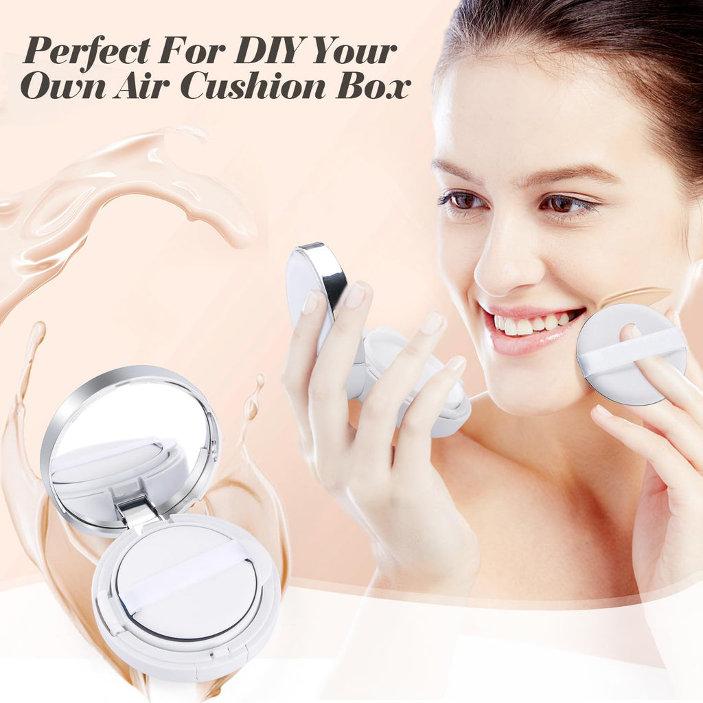 4 Pcs 15g/0.5oz Empty Air Cushion Puff Box Portable Make Up Powder Container Case with Sponge Puff & Mirror for Liquid Foundation BB Cream - White Silver