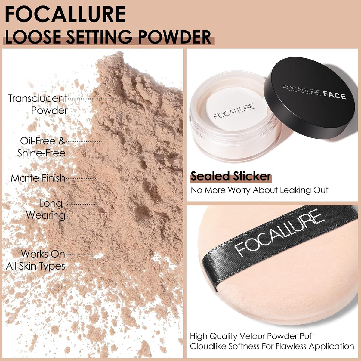 FOCALLURE Oil Control Loose Face Powder - Minimizes Pores & Shine, Natural