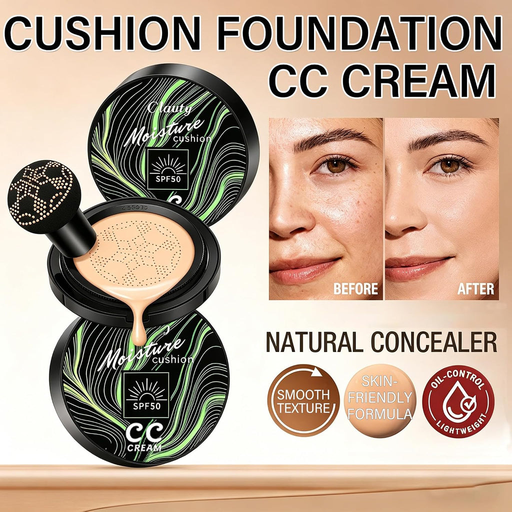 Cushion Foundation Air Cushion CC Cream - Natural Finish, Buildable Coverage Foundation, Even Skin Tone, Tattoo cover up, Moisturizing Concealer Cream Foundation Makeup (Natural)