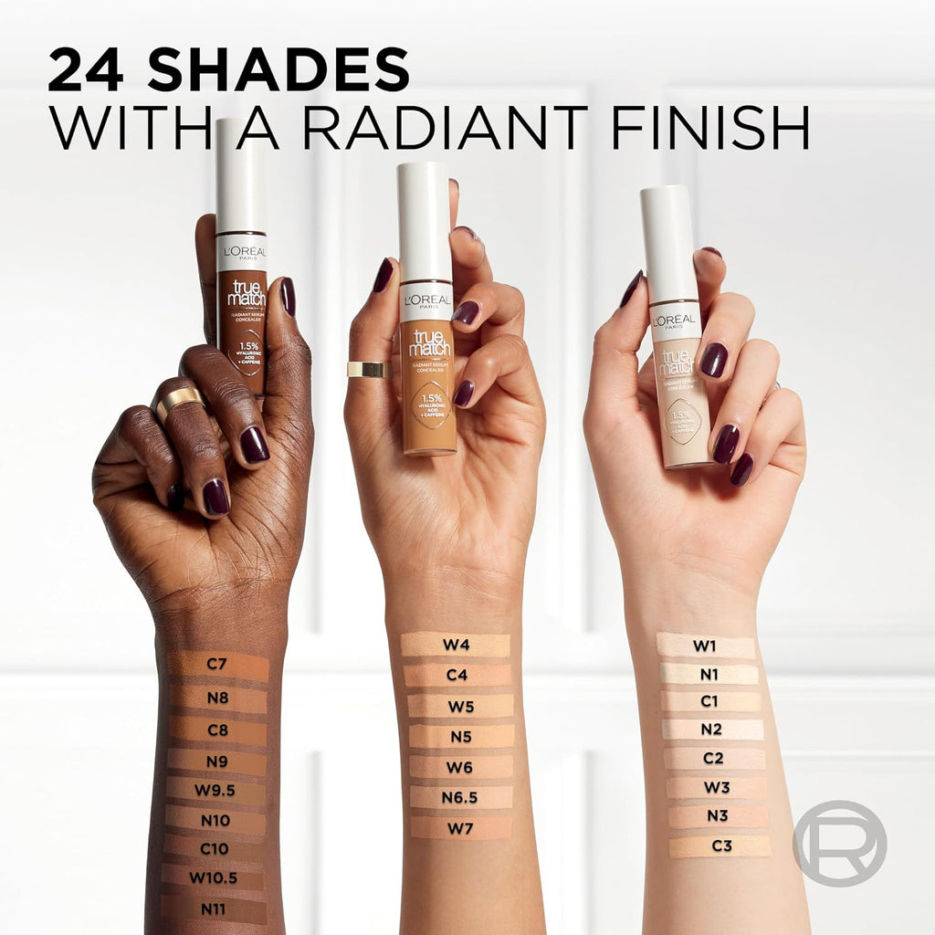 L'Oreal Paris True Match Radiant Serum Concealer, Brightening Under Eye Concealer Make Up with 1.5% Hyaluronic Acid and Caffeine, W3, 0.33 Oz