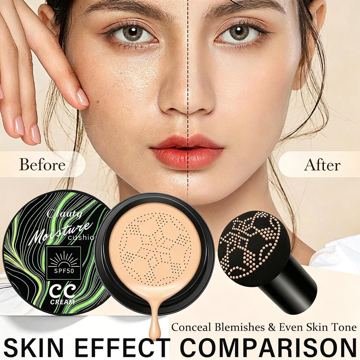 Cushion Foundation Air Cushion CC Cream - Natural Finish, Buildable Coverage Foundation, Even Skin Tone, Tattoo cover up, Moisturizing Concealer Cream Foundation Makeup (Natural)