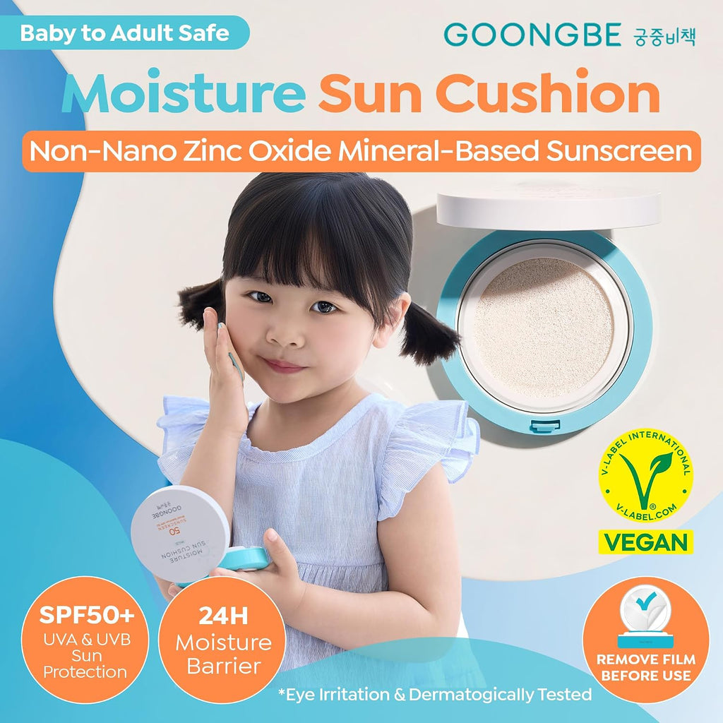 GOONGBE Baby Mineral Sunscreen Cushion – Broad Spectrum SPF 50 with Non-Nano Zinc Oxide – Mess-Free Tap-On Compact with UV Indicator & Built-In Puff – Vegan, Oxybenzone-Free14g (0.49 oz)
